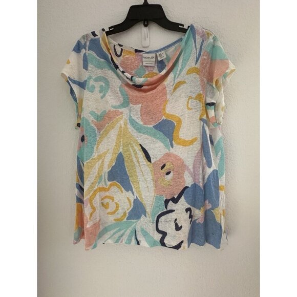 Tops - Rachel Zoe 100% Linen‎ Shirt Cowl Neck Artsy Floral Cap Sleeve Size XL Cottage
